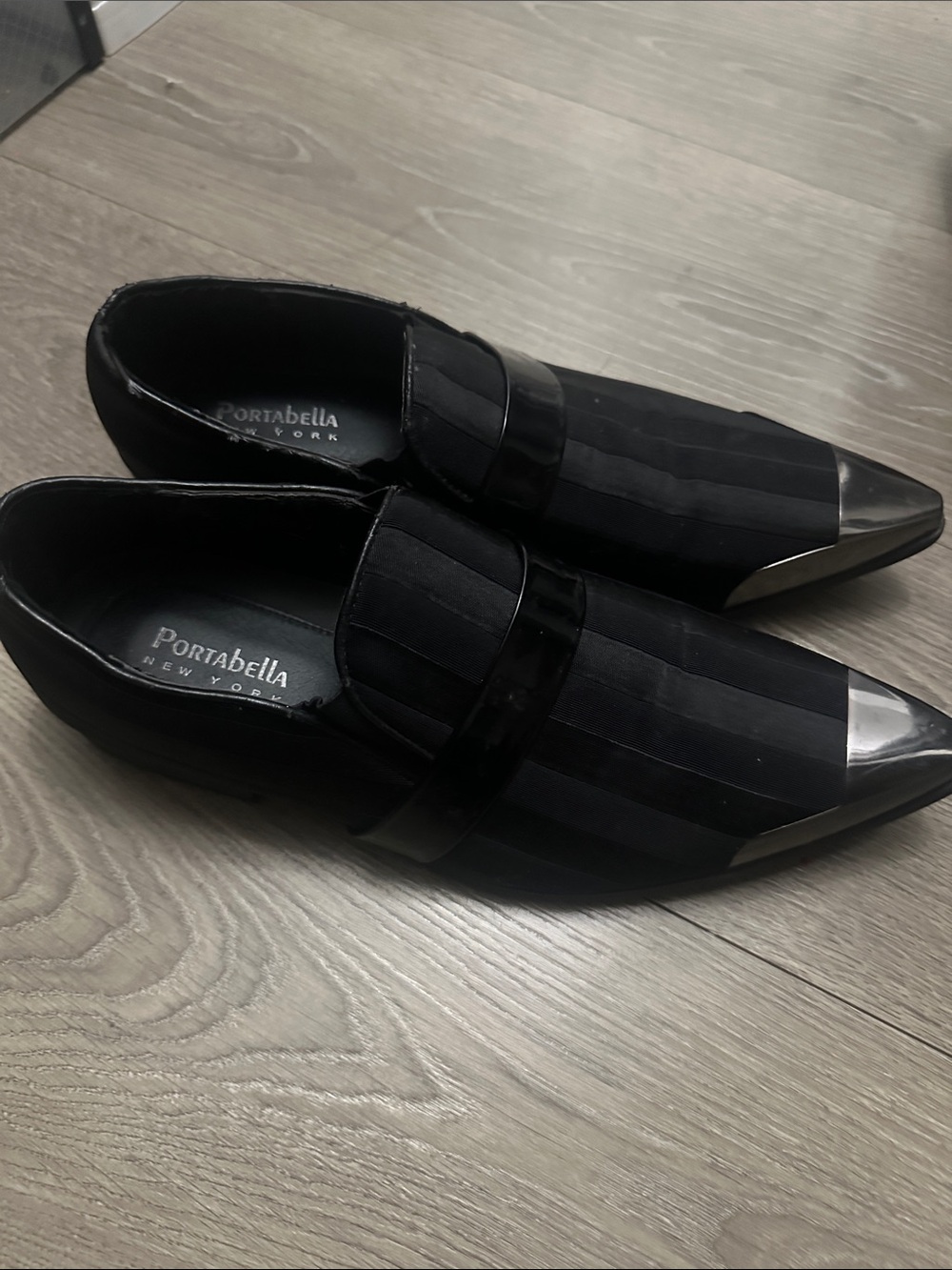 Black Pointed Slip-On Loafers with Metallic Toe - Picture 2 of 5